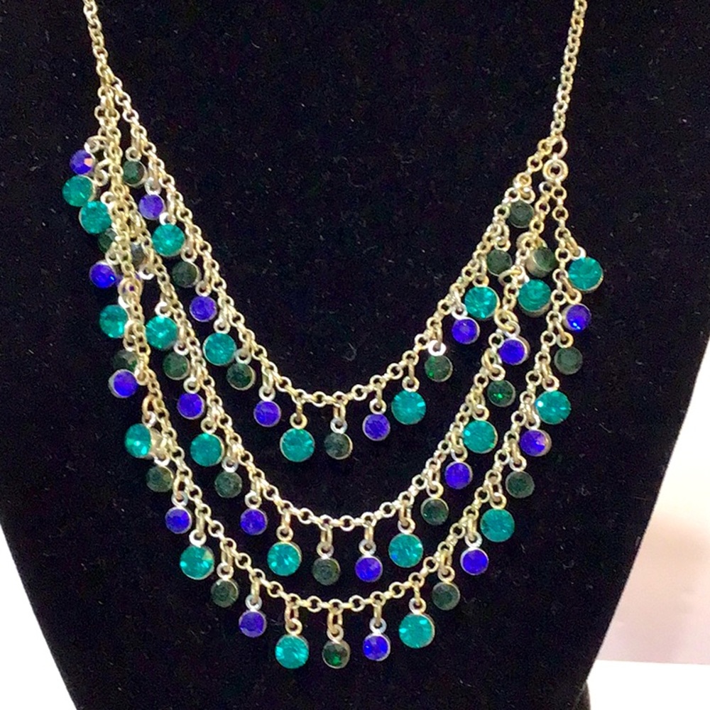 Bib necklace triple row Blue & Green crystals!